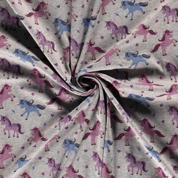 Alpenfleece Druck Einhörner Rosa, Blau auf Grau-meliert